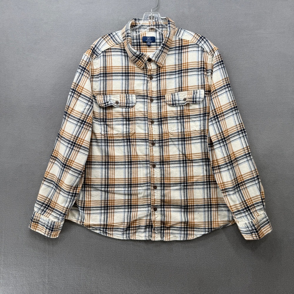 George Mens 2XL Plaid Flannel Shirt Cream Tan Navy Long Sleeve Button Down